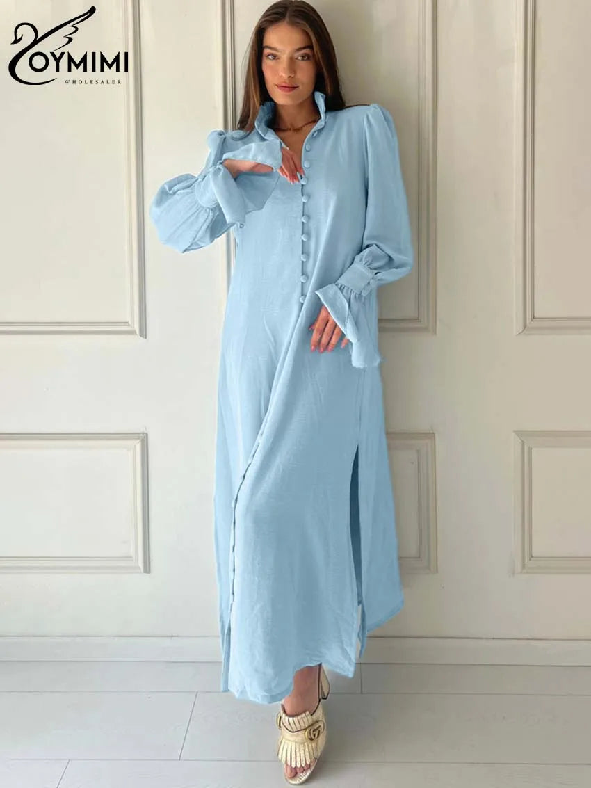 Elegant Blue Straight Womens Dresses Fashion Single Breasted Long Sleeve Dresses Casual Side Slit Mid-Calf Dress Female