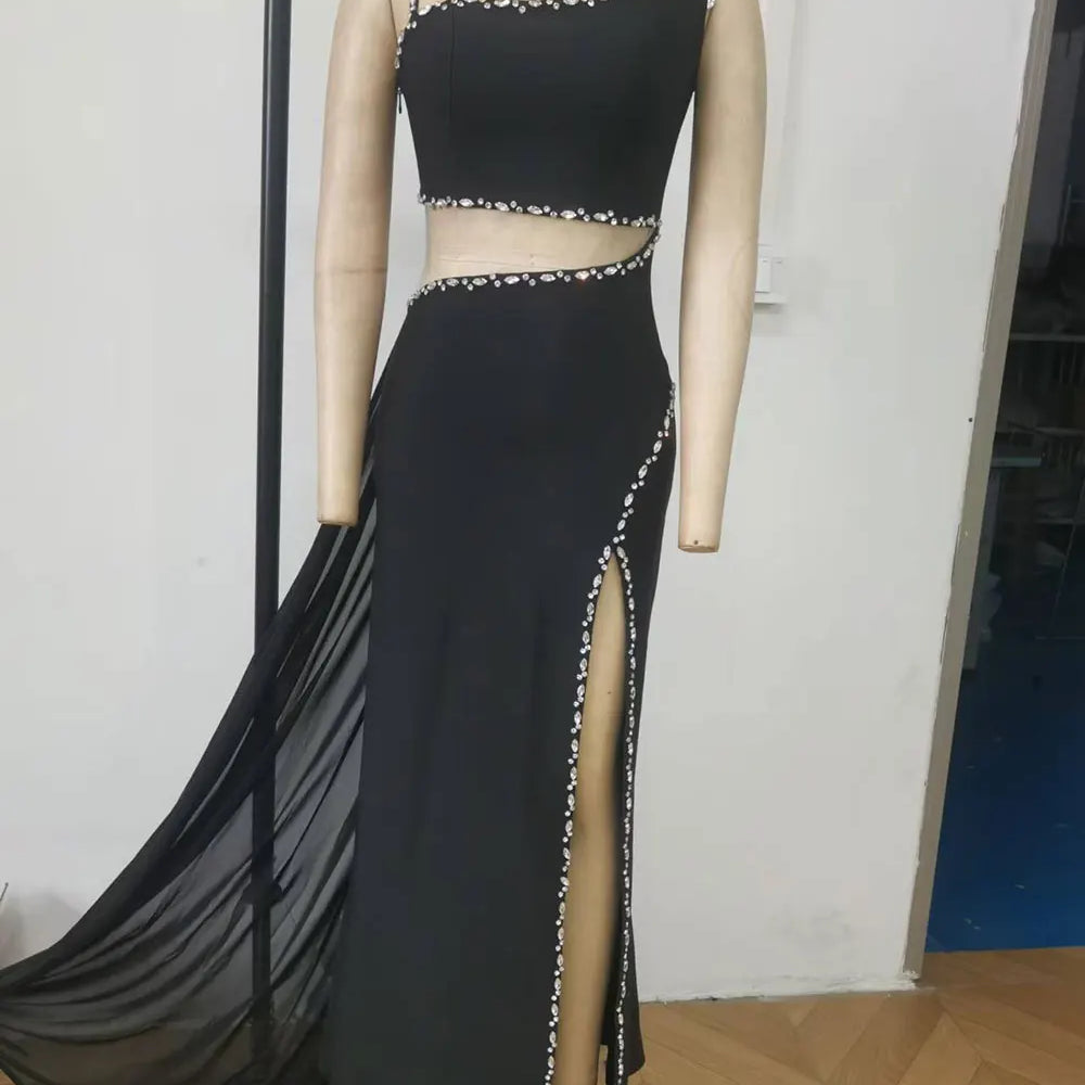 2025 Sexy Women's Light Luxury Water Diamond Waist Long Bandage Dress Sleeveless Bodycon Maxi Dress Evening Club Party Vestidos