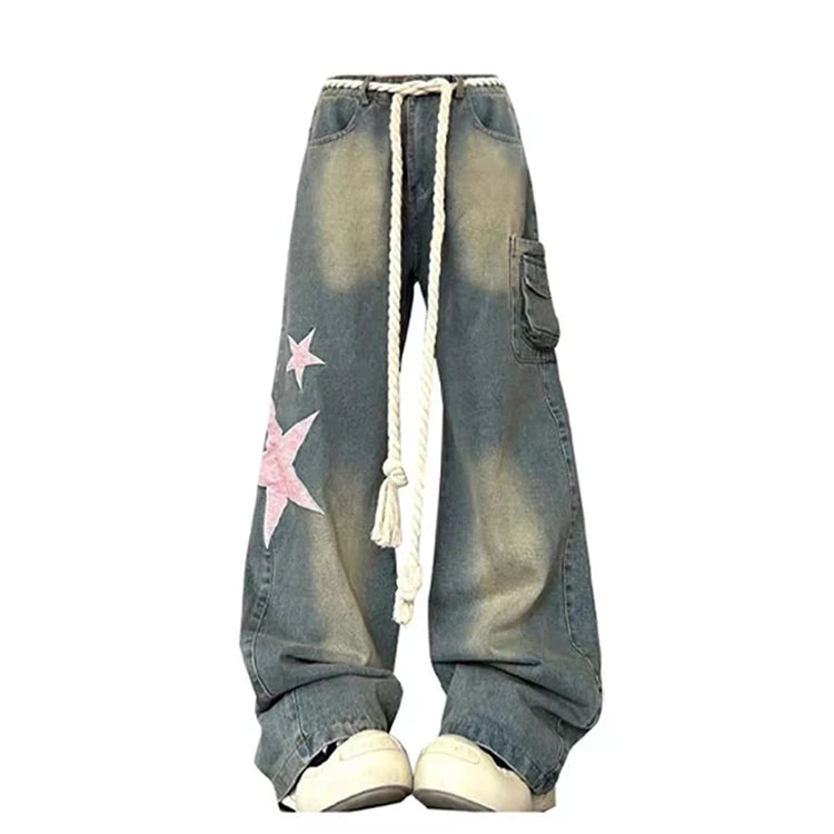 Women Baggy Star Jeans Vintage Harajuku Oversize High Waist Denim Trouser Emo 2000s Y2k 90s Aesthetic Wide Pants Trashy Clothes