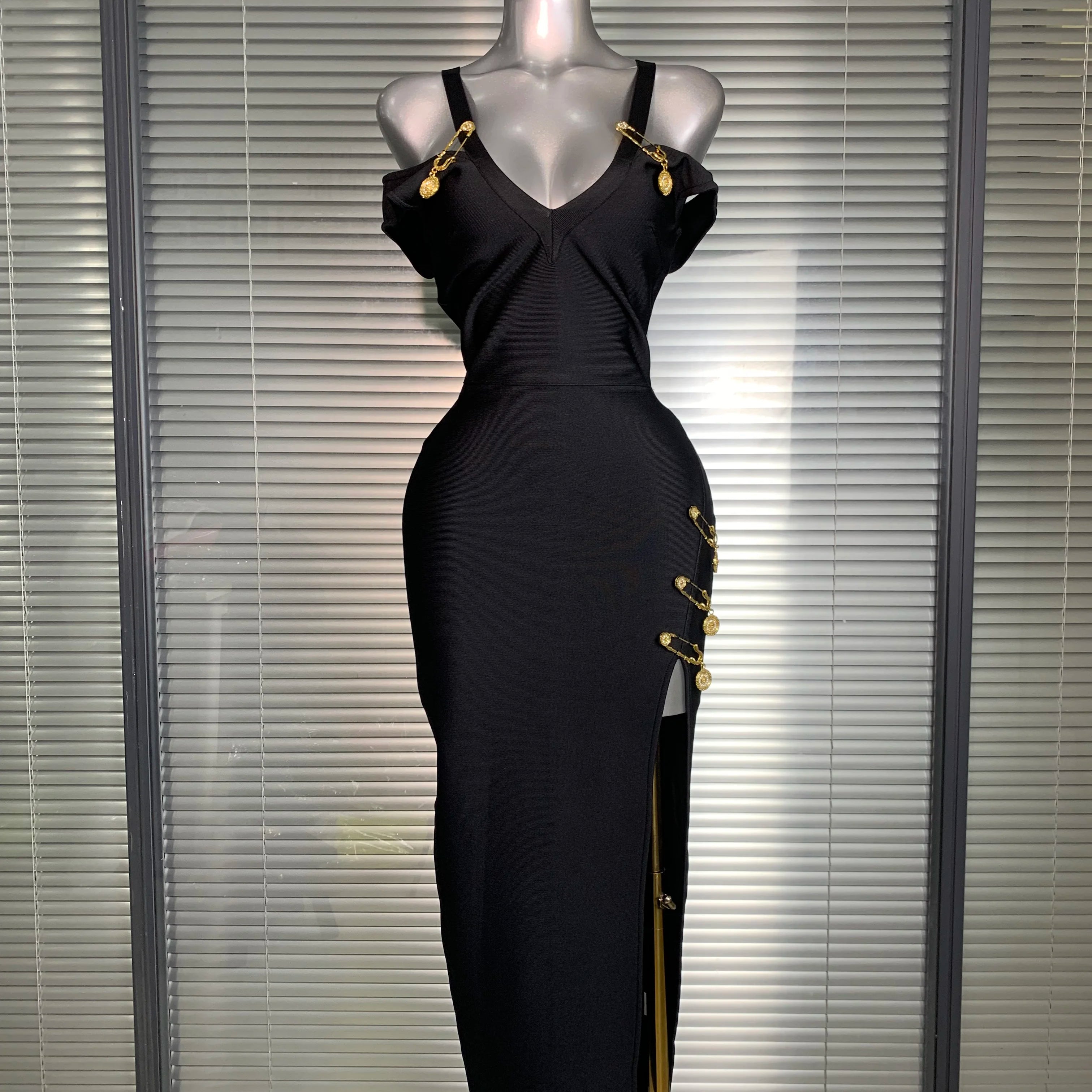Summer New 2025 Women Sexy Designer Pin Celebrity Black Bandage Dress Split Evening Bodycon Party Dress