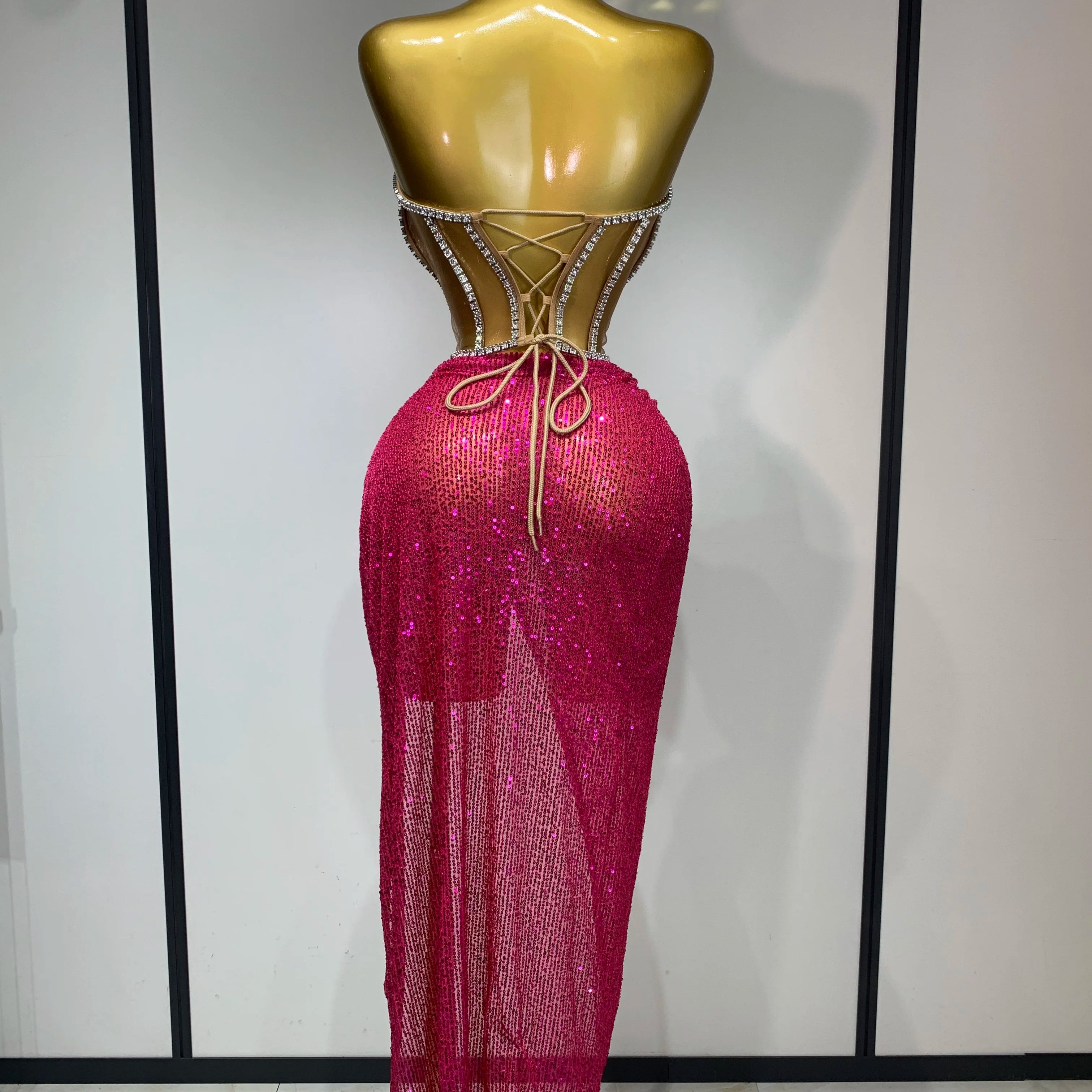 Women Sparkly Rhinestones Sequins Sexy Mesh Two Piece Set Evening Birthday Party Dress Nightclub Stage Performance Costumes