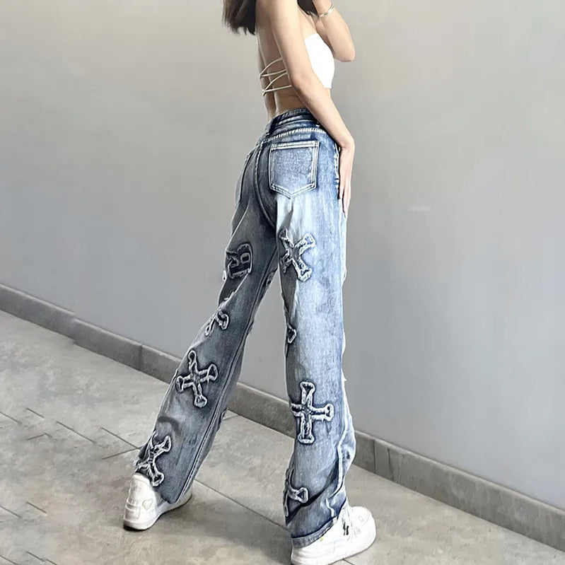 Patchwork Women's Jeans Y2K Streetwear Baggy Straight Cargo Pants Punk High Waist Wide Leg Denim Trousers 90s Vintage