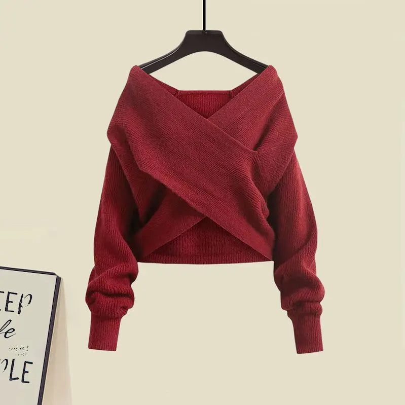 Autumn/Winter New Korean Elegant Matching Set Women's Fashion Cross Knit Sweater+Bottom Shirt+Strap Dress Three Piece Suit Res Sweater