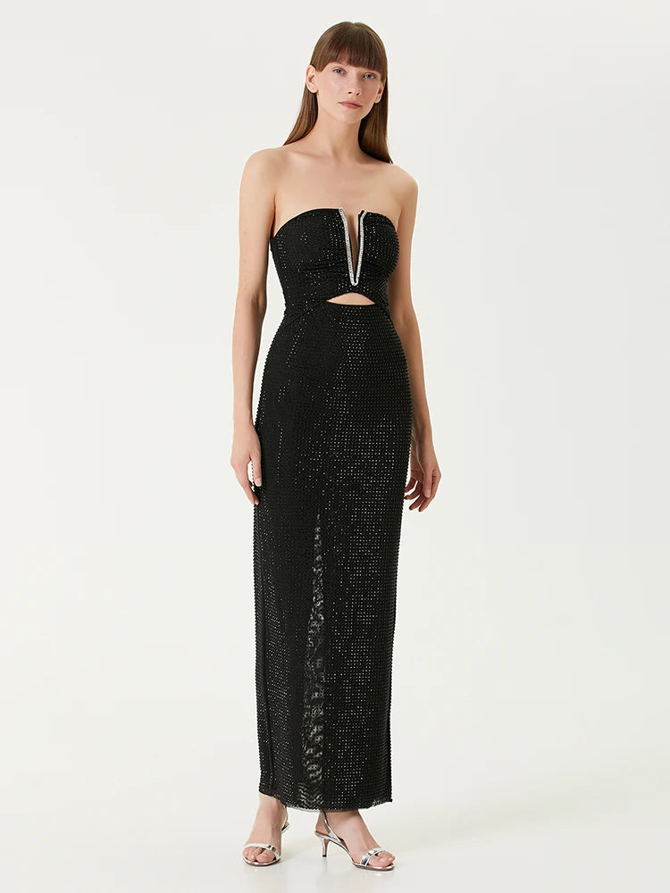 VC Strapless V Neck Sparkling Diamonds Bandage Long Dress Women Black Sleeveless Backless Shiny Bodycon Celebrity Evening Gowns