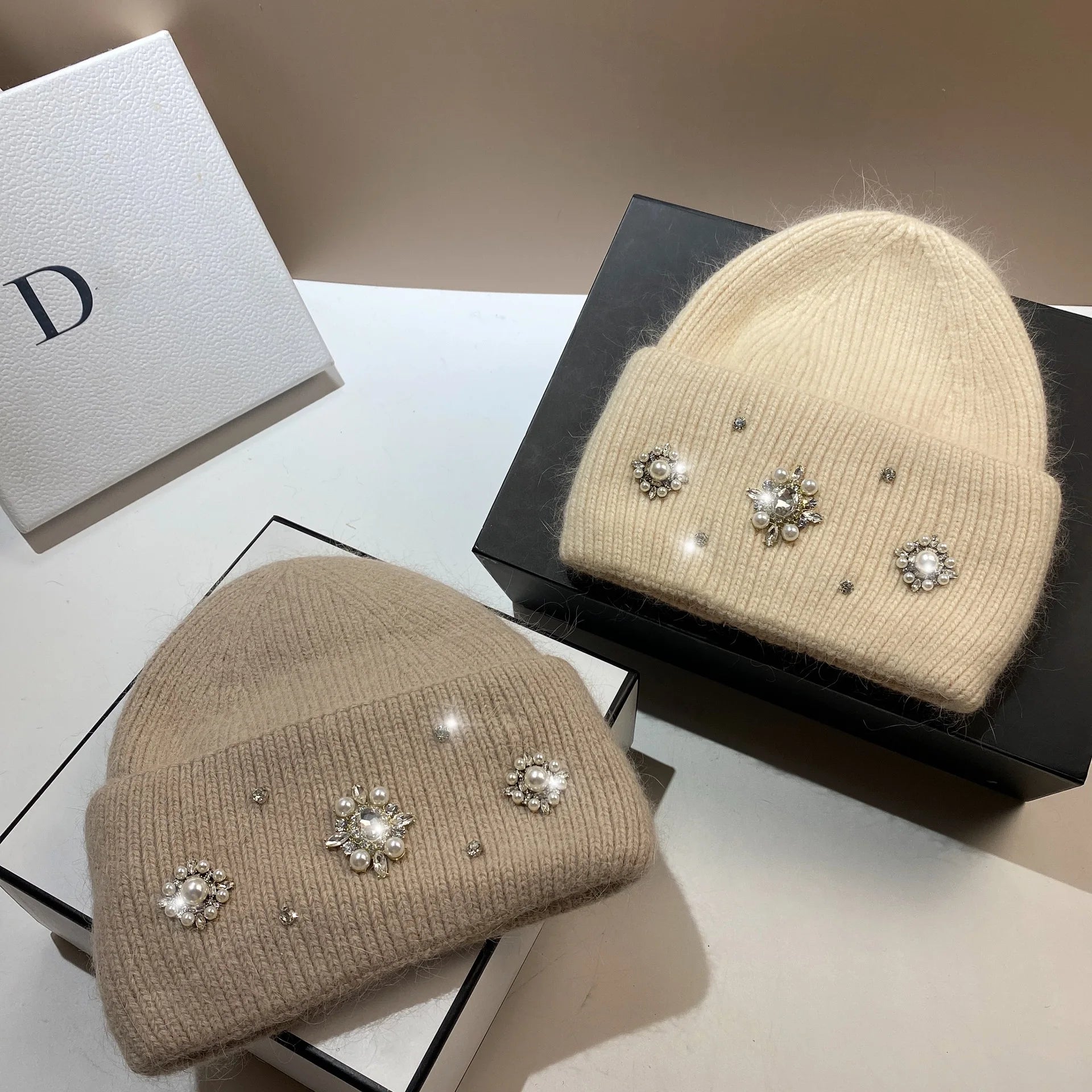 Real Rabbit Fur Winter Warm Knitted Hat Luxury Rhinestone Women's Wool Skullies Beanies Female Cold Hat Outdoor Skiing Cap