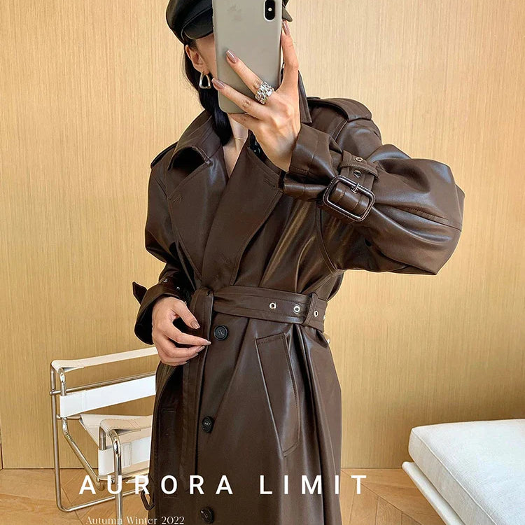 Spring Autumn Long Loose Brown Pu Leather Trench Coat for Women Belt Double Breasted American and European Fashion 2023