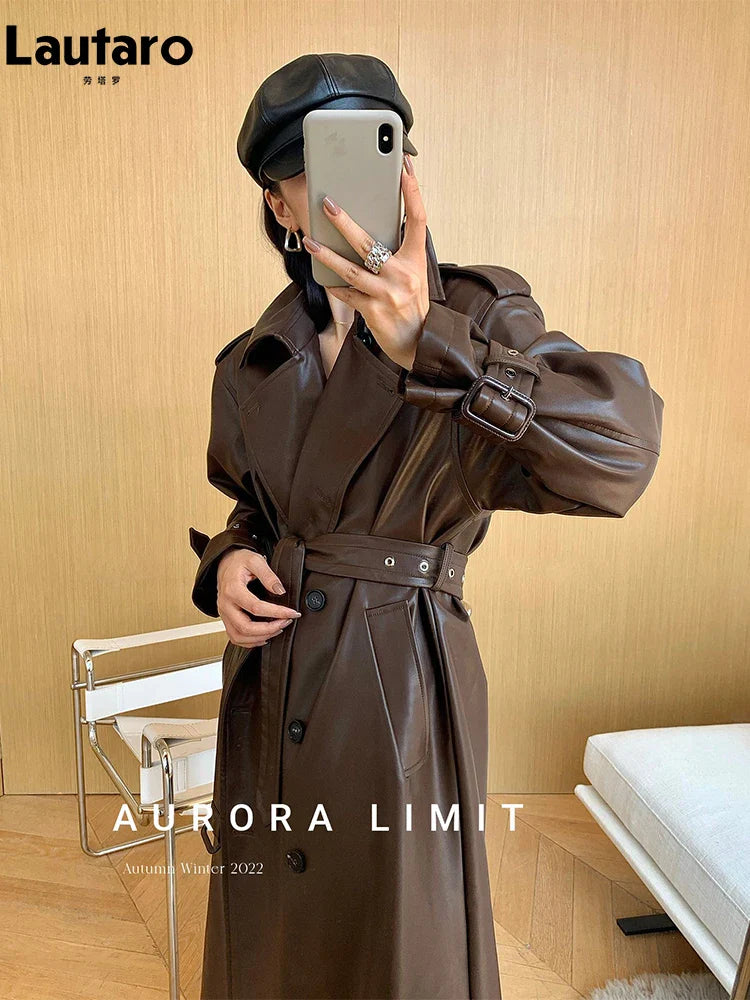Spring Autumn Long Loose Brown Pu Leather Trench Coat for Women Belt Double Breasted American and European Fashion 2023