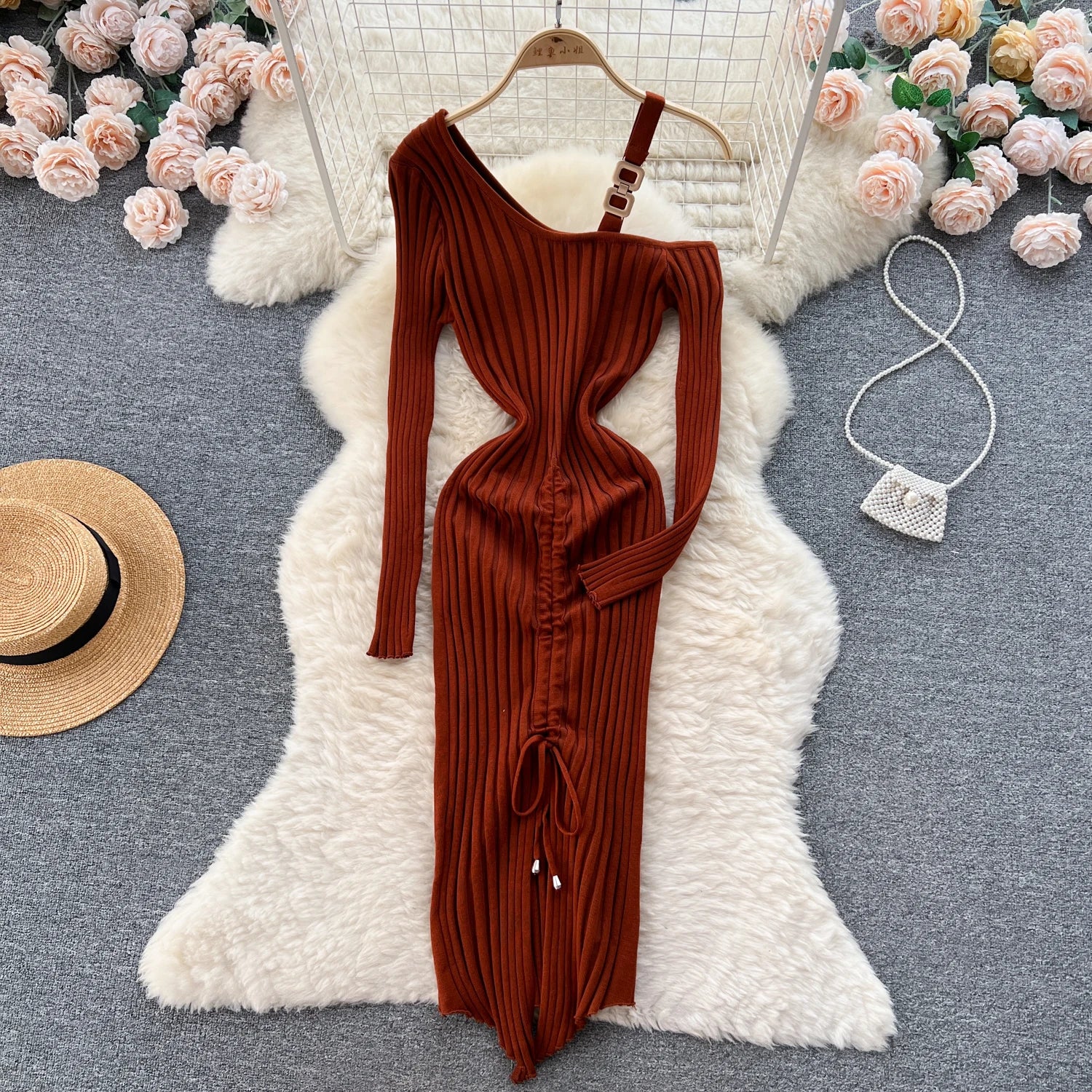 Women Dress Autumn Winter Sexy Package Hips Bodycon Dress Chic Fashion Luxury Knitted Dress Party Vestidos Brown One Size