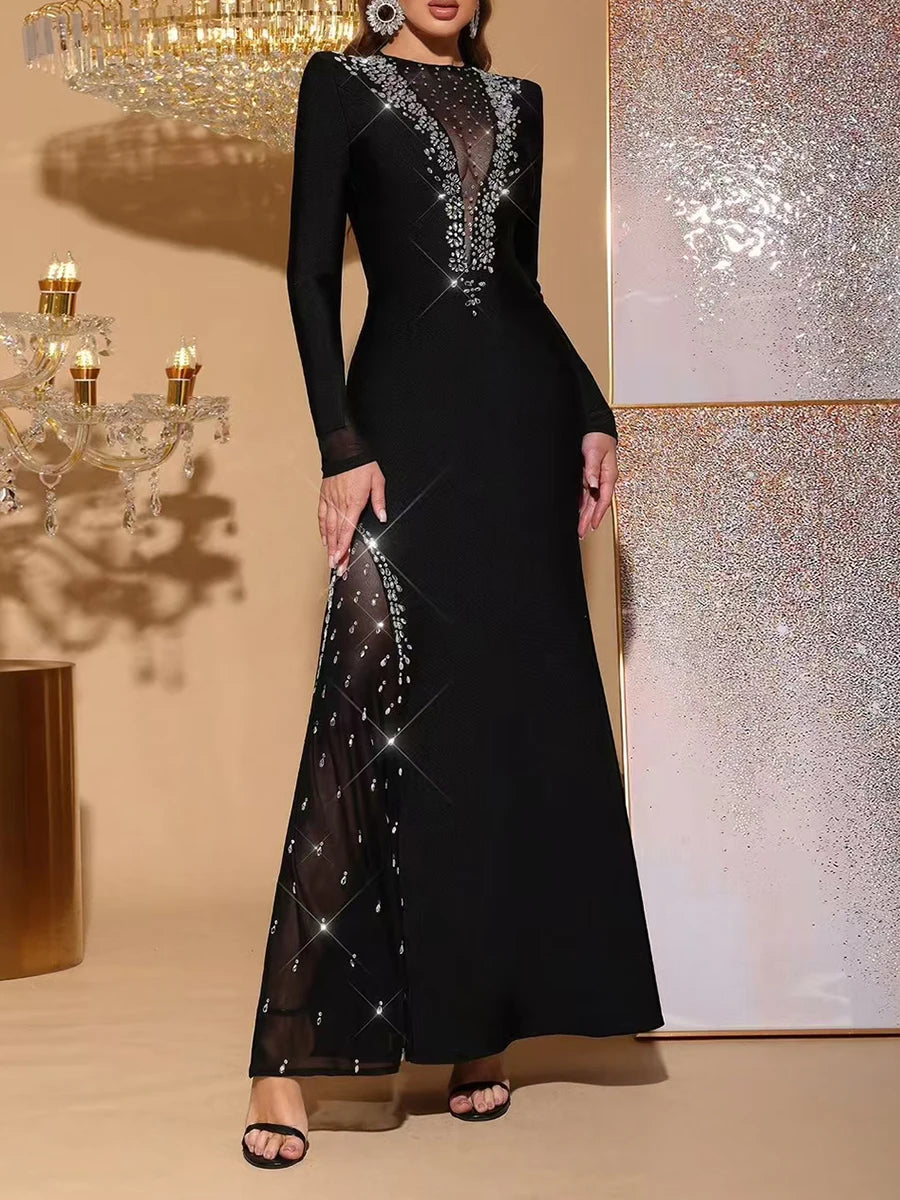 TWOTWINSTYLE Solid Slimming Spliced Diamonds Dresses for Women Round Neck Long Sleeves Patchwork Mesh Dress Female Clothing New