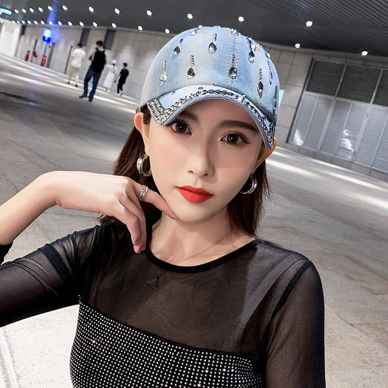 Denim Hip Hop Caps Fashion Leisure Woman Cap With Water Drop Rhinestones Vintage Jean Cotton Baseball Caps For Men