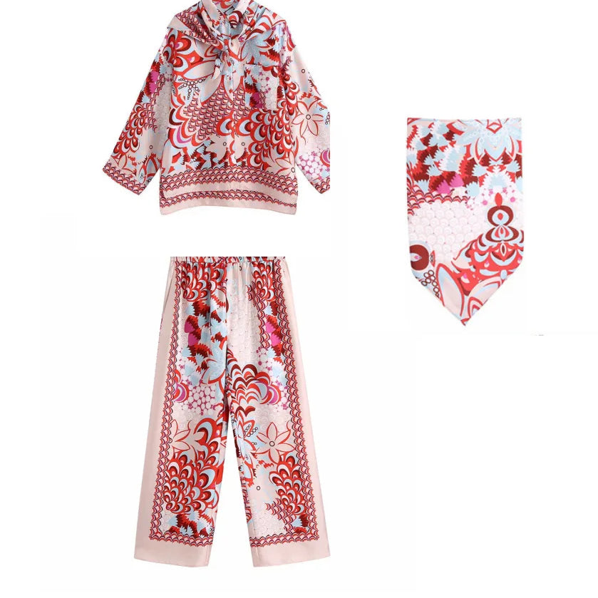 TRAF Woman Print Shirt Suit 2023 Spring Fashion Elegant Ladies Pants Set Lady Vinatge Beach Suits Two Pieces Sets 20524-3pieces-set