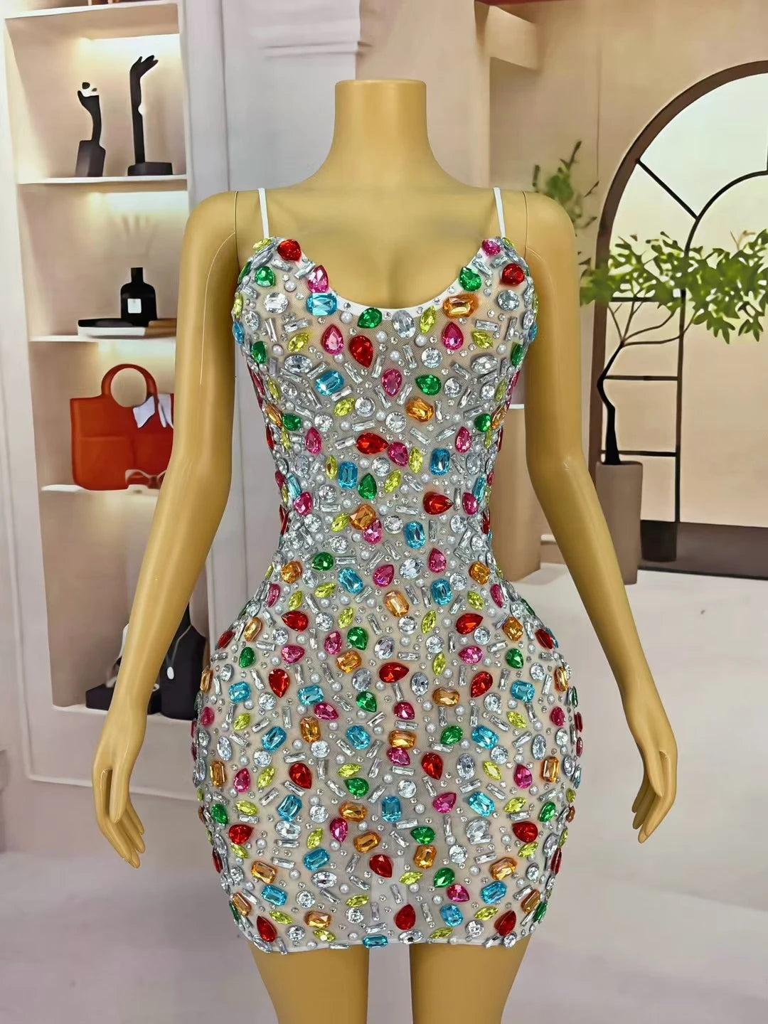 2025Multicolour Sparkly Rhinestone Sexy Strap Dress Women Nightclub Prom Skinny Dress Birthday Celebrate Prom Mini Dress Caixing