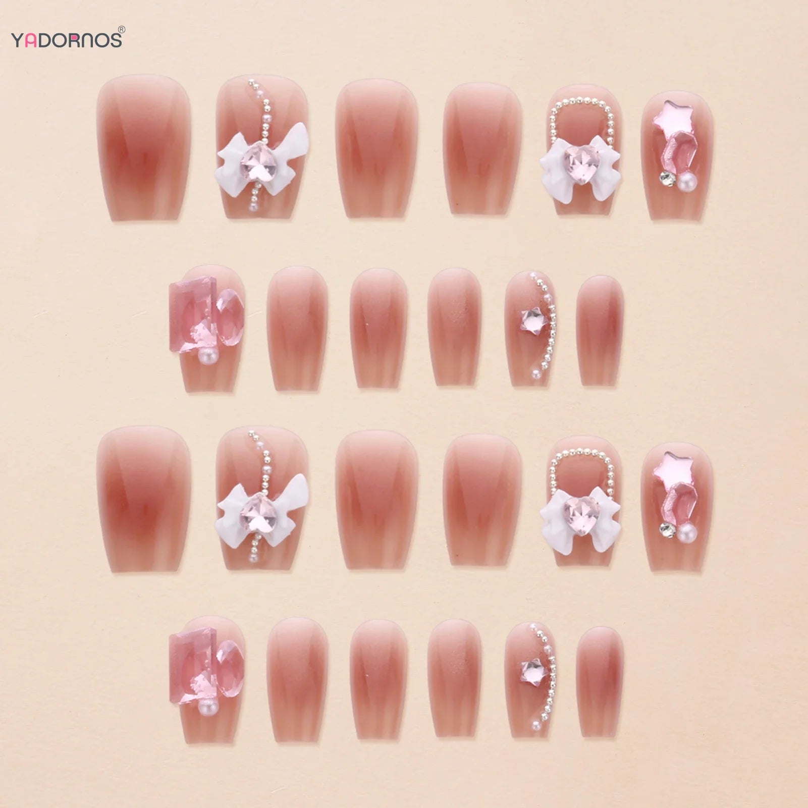 Short Square Blush Pink Fake Nails 24Pcs Sweet Girls Press On Nails 3D Bowknot/Crystal Decor Korean Fashion Acrylic False Nails