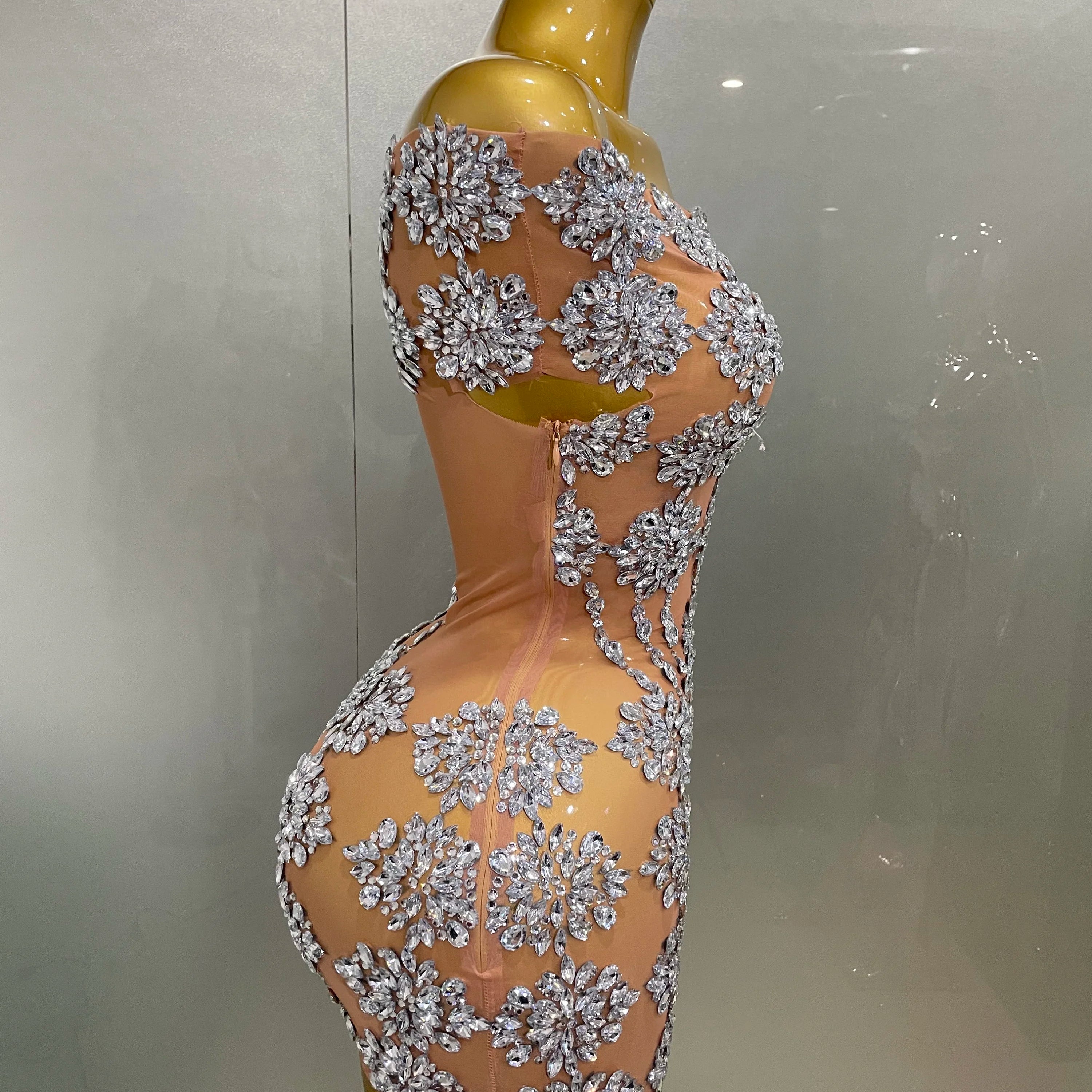 Luxury Sparkly Rhinestone Mesh Mini Dress 2025Women Sexy Nightclub Party Dance Performance Costume Singer Dancer Show Stage Wear