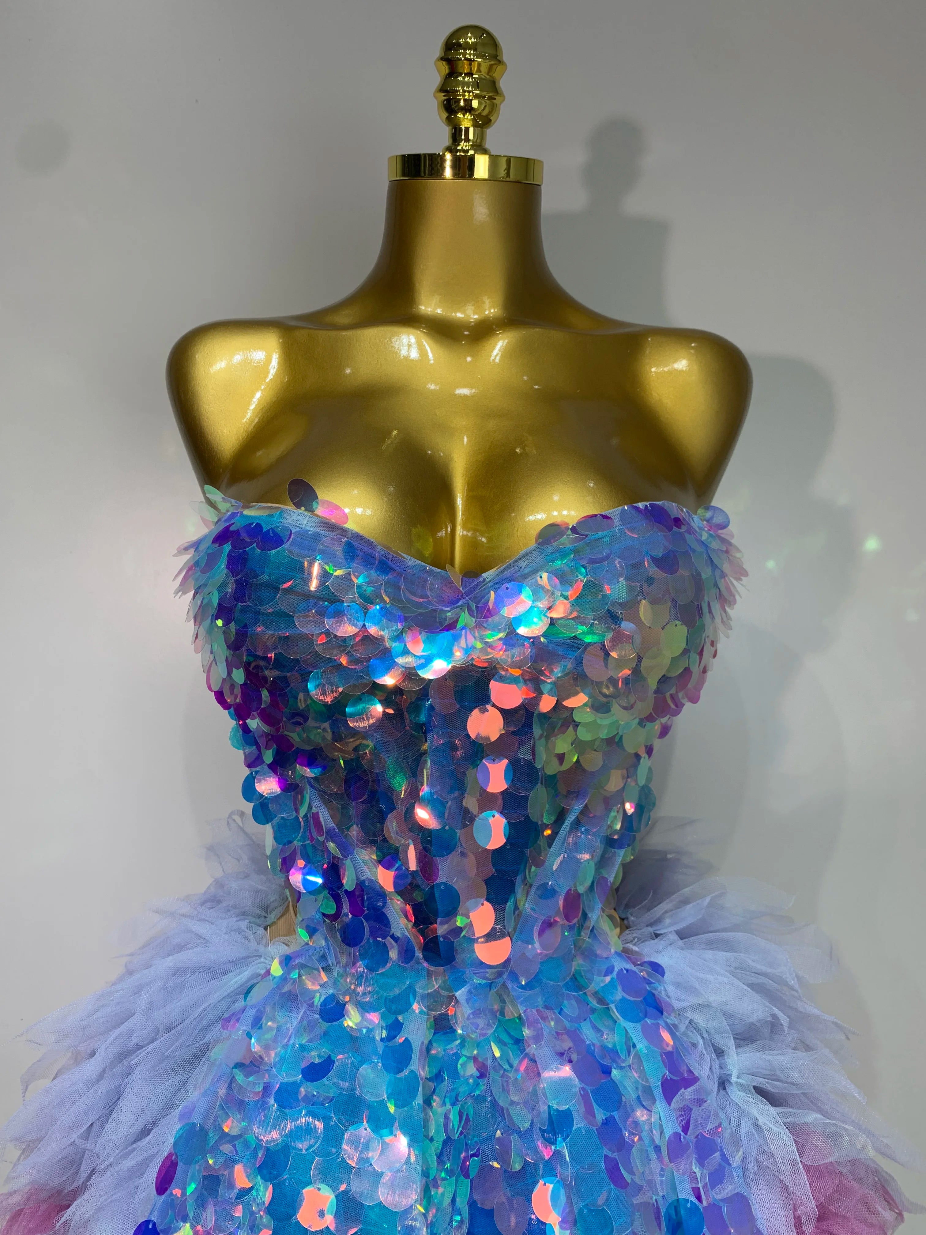 Sparkly Sequins Ruffles Two Pieces Set Sexy Backless Top Skirt Set Nightclub Performance Dance Dress Singer Stage Outfit