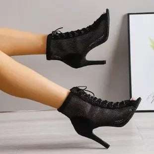 Sandals Hollowed Mesh Heels Belt Buckle Women's Summer Beige Lace-up Sexy Open Toe Boots Stiletto Jazz Dance Party Ladies Shoes 812