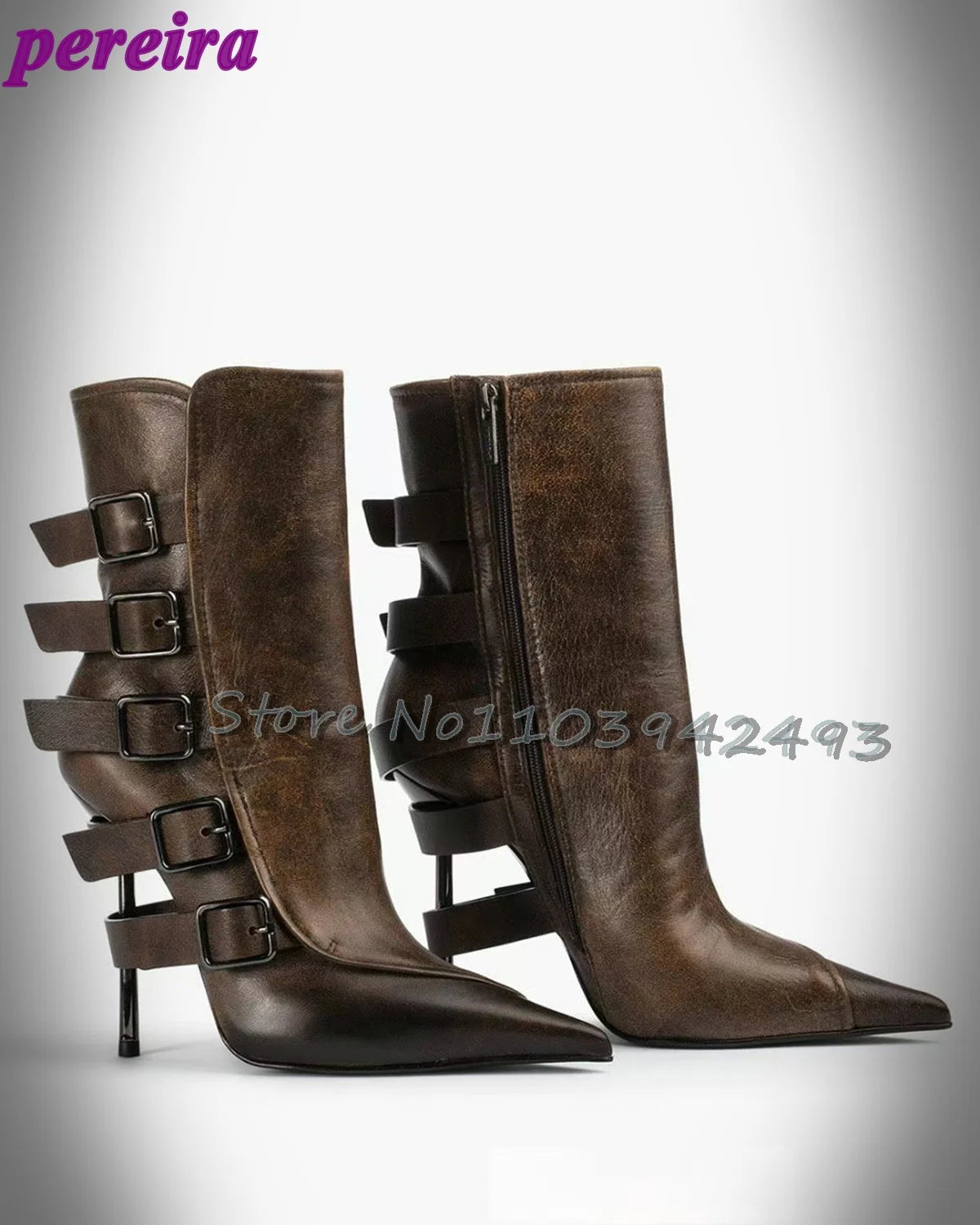 Stylish Brown Strappy Boots Pointed Toe High Heels Mid-calf Chunky Heel Fashion Women's Shoes Black Chic Buckle Outer 2025 New