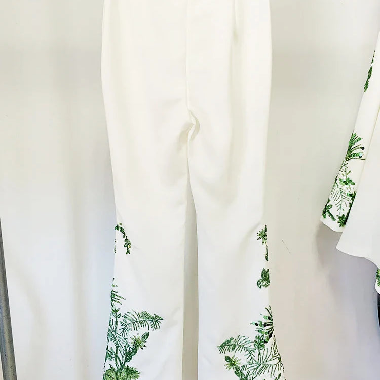 HIGH STREET Newest Designer Suit Set Women's Loose Style Long Sleeve Stunning Beaded Blouse Tops Flare Pants