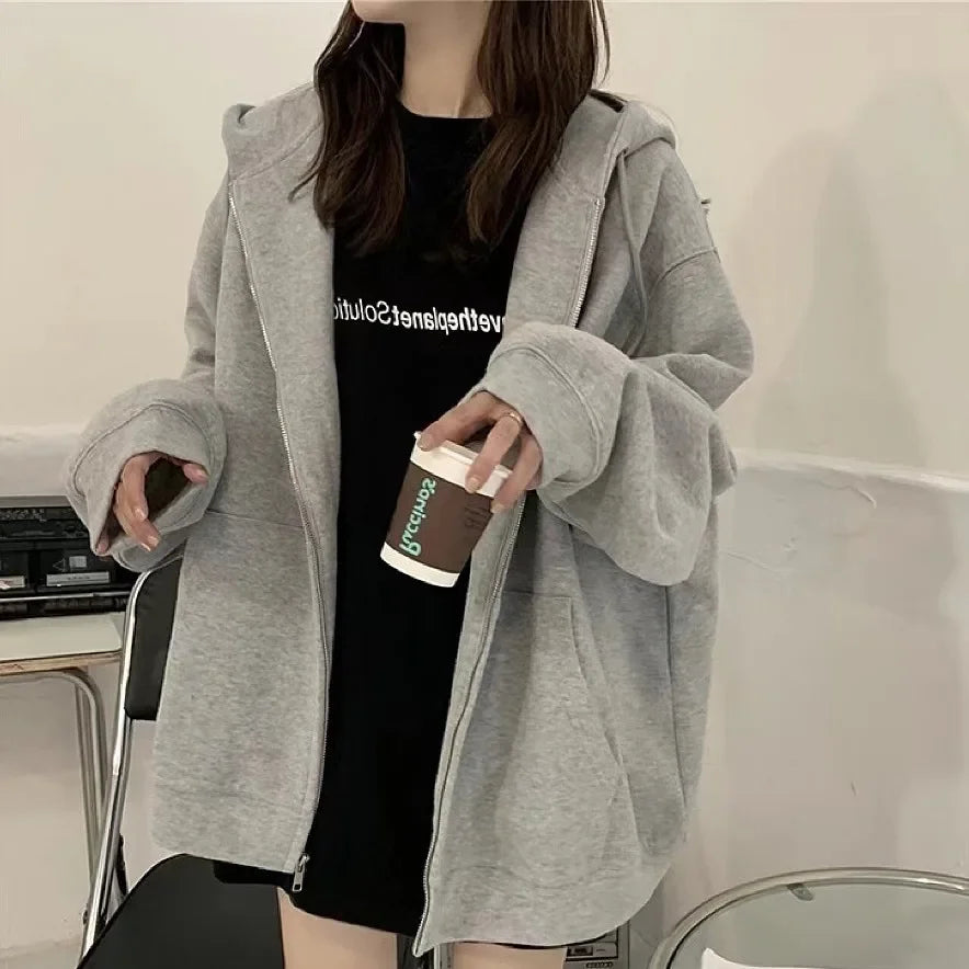 2023 Spring Autumn New Style Black Hooded Sweatshirt Women's Loose Fit Casual Fleece Lined Chic Niche Top Korean Version Jacket