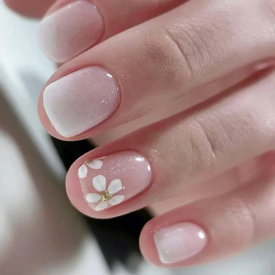 24Pcs Short Square Head French False Nails Press on With Simple Flower Design Fake Nail for Woman Reusable Full Cover Nails Tips