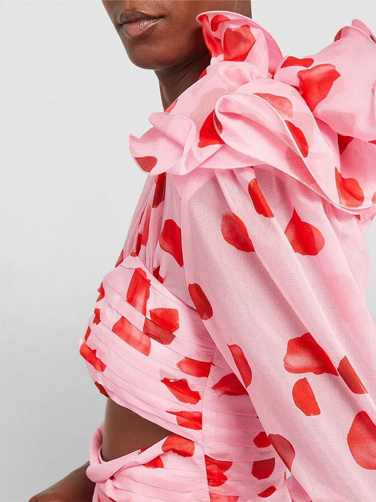 TWOTWINSTYLE Print Patchwork Floral Cut Out Dress For Women V Neck Long Sleeve High Waist Folds Mini Dresses Female Clothes New