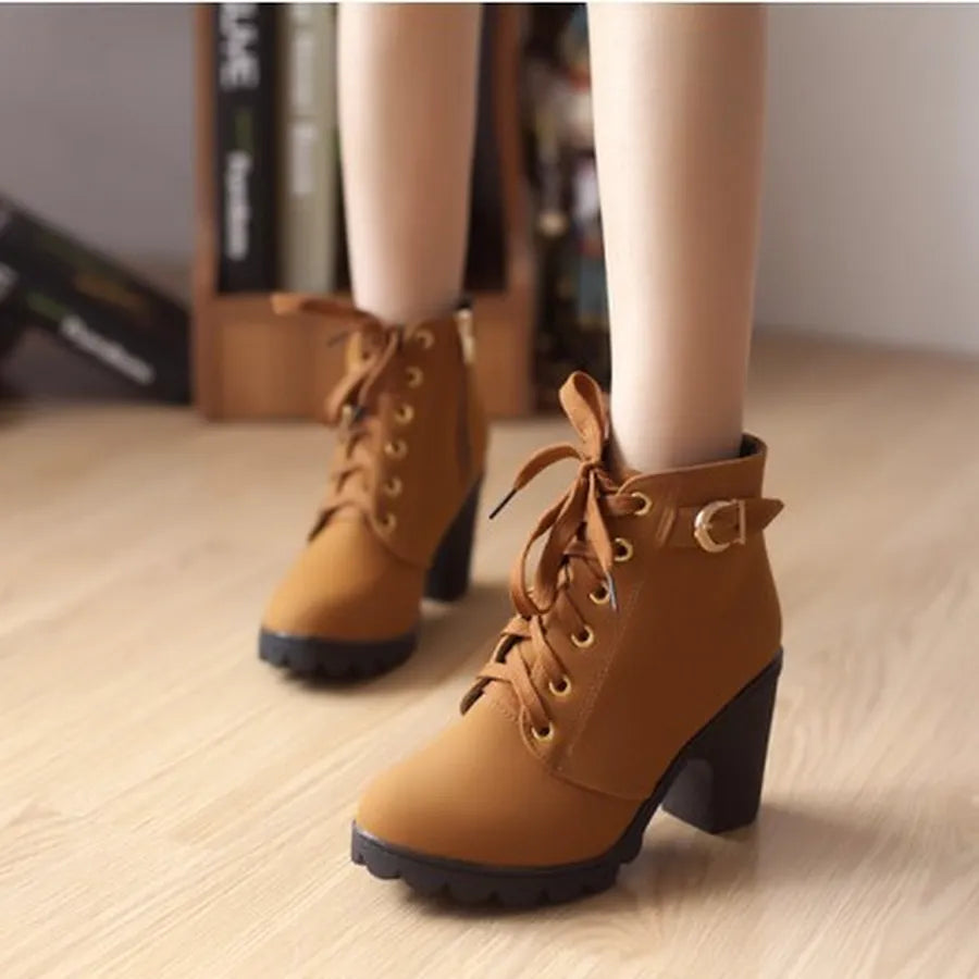 Spring Winter Women Pumps Boots Lace-up European Ladies Shoes PU High Heels Boots