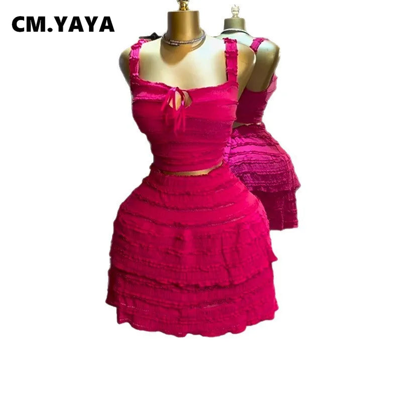 CM.YAYA Beach Boho Women's Set Strap Sleeveless Tank Top and Ruched Mini A-line Skirts Two 2 Piece Sets 2025 Summer Outfits