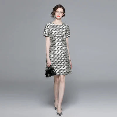 New Fashion Geometry Jacquard Short Sleeve Summer Dress Chic Elegant Temperament A-line Round Neck Dress Women Vestidos black