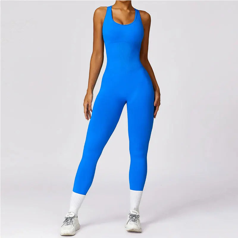 New Yoga Set Seamless Women's Jumpsuits One-Piece Gym Push Up Workout Clothes Fitness Bodysuit Sportswear Tracksuit Short Sleeve ink blue CHINA