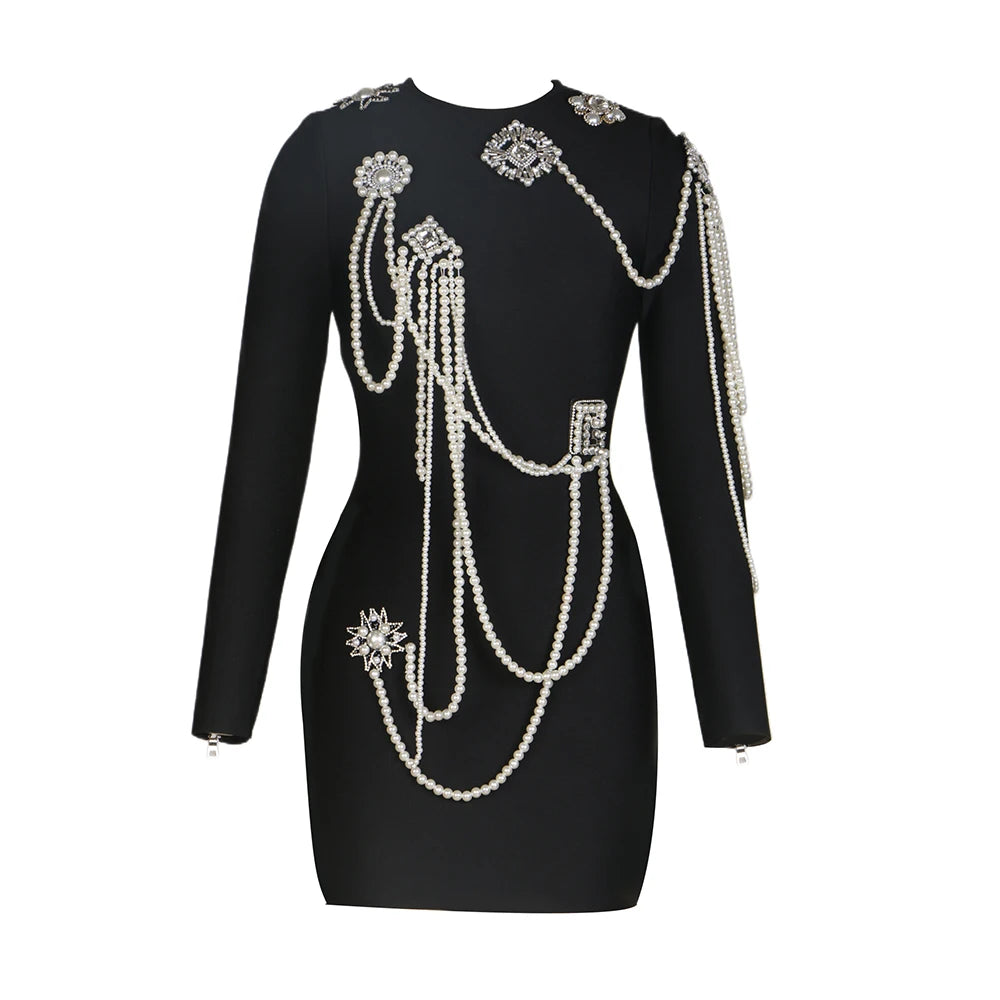 Spring Women Long Sleeve O-Neck Pearl Beading Bodycon Mini Dress Bandge Fashion Elegant Evening Party Dress Vestido