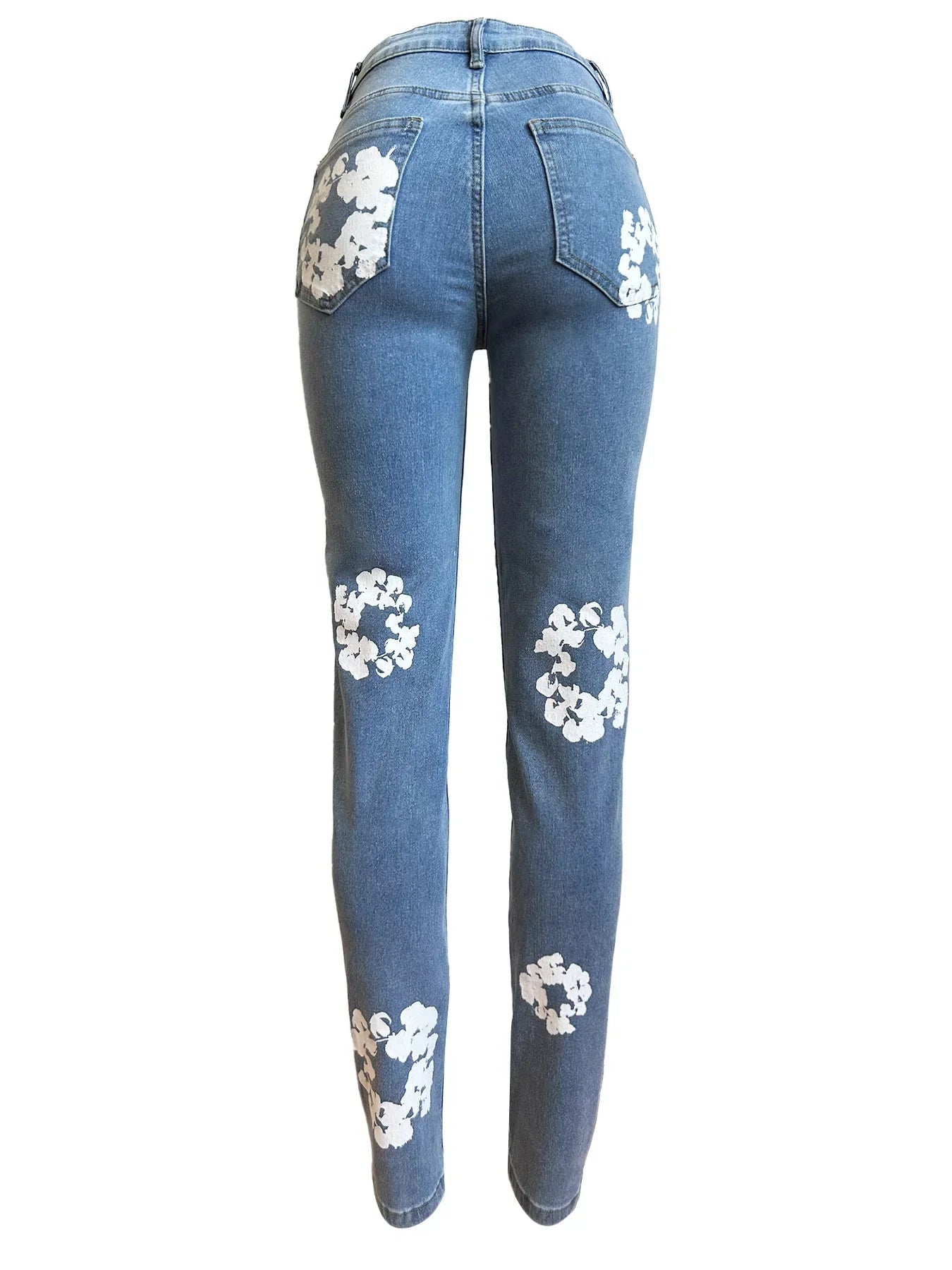 Floral Printed Women Jeans Zipper Fly High Waist Denim Pants Spring New Popular High Street Trousers Stretchy Bottom Pants