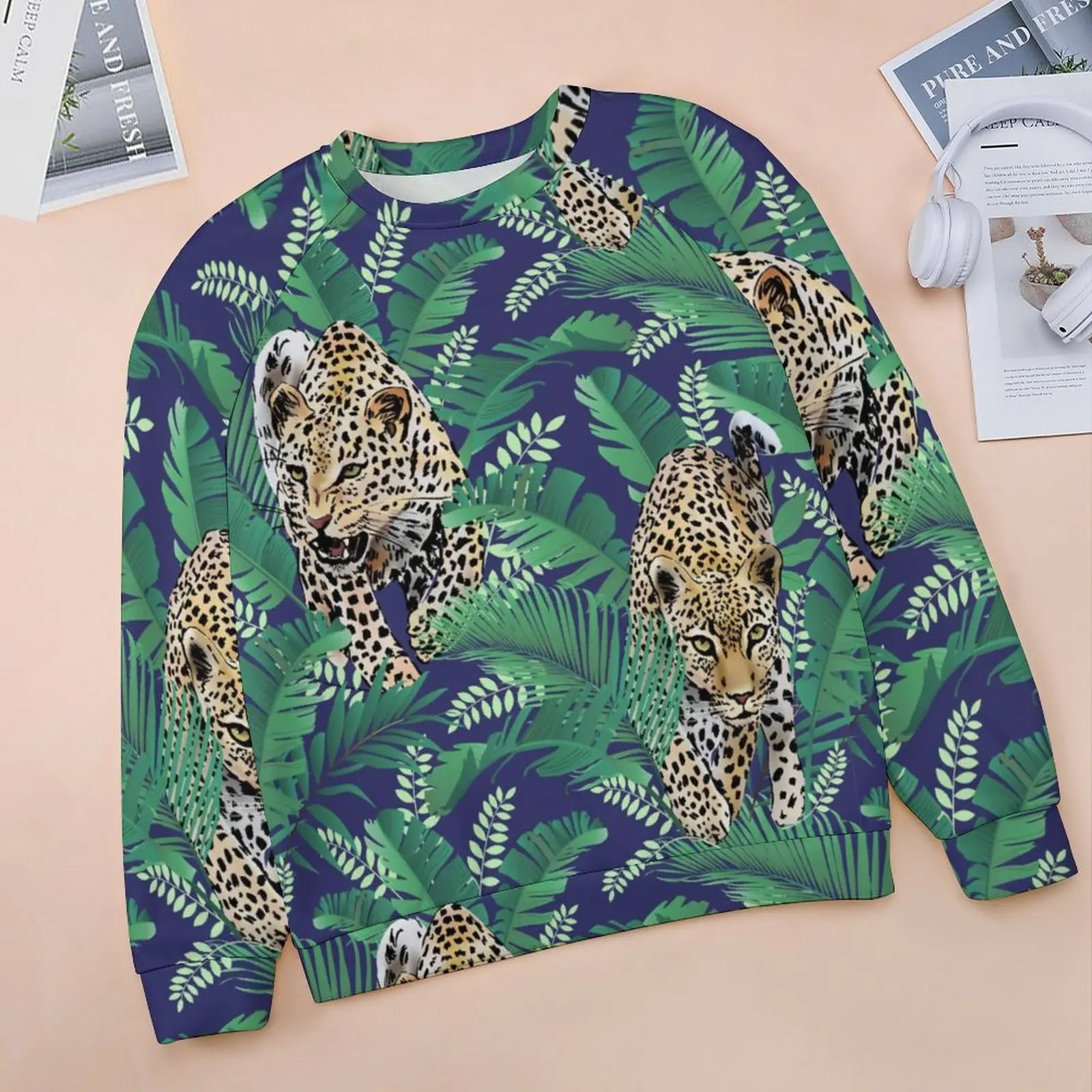 Jungle Cheetah Casual Hoodies Female Leopard Skin Green Leaves Print Hoodie Long Sleeve Street Fashion Oversized Sweatshirts