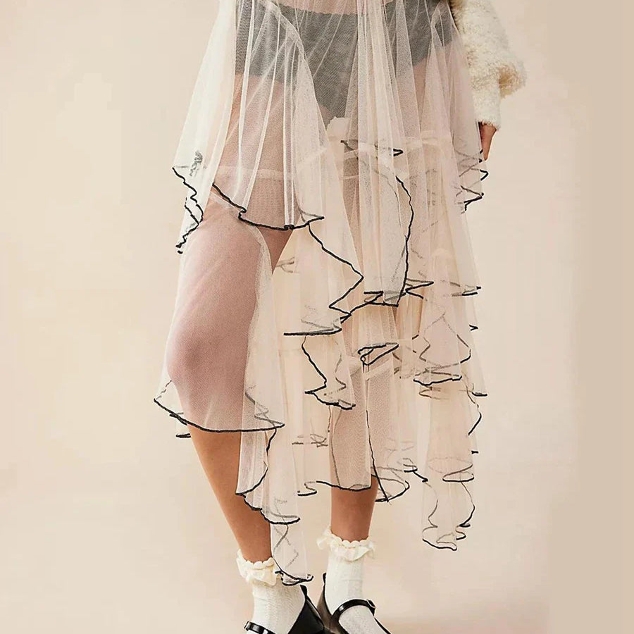 Women Lace Long Skirt Mesh Sheer High Waist Asymmetrical Hem A-line Midi Skirt Y2K Summer Beach Party Maxi Skirts Streetwear