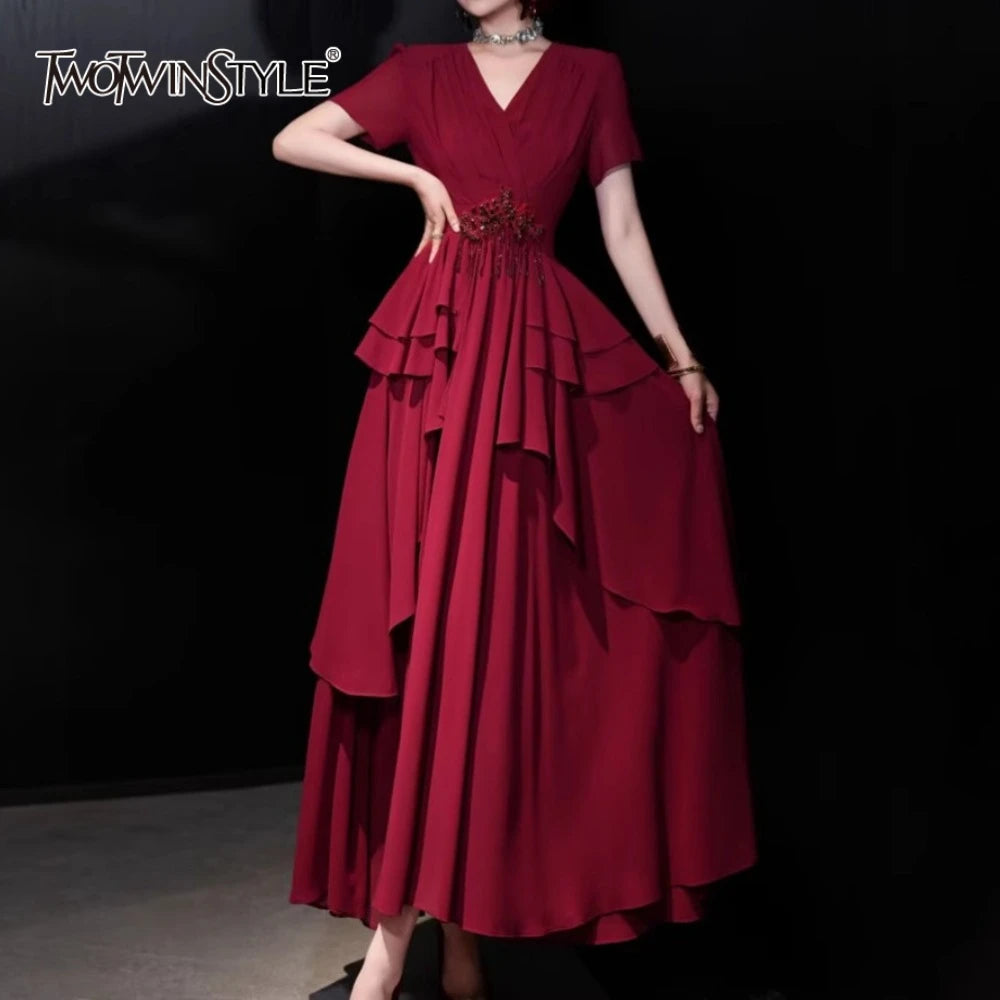 TWOTWINSTYLE Solid Slimming Spliced Bead Dresses for Women V Neck Short Sleeves Patchwork Ruffles Folds Dress Female Clothes New