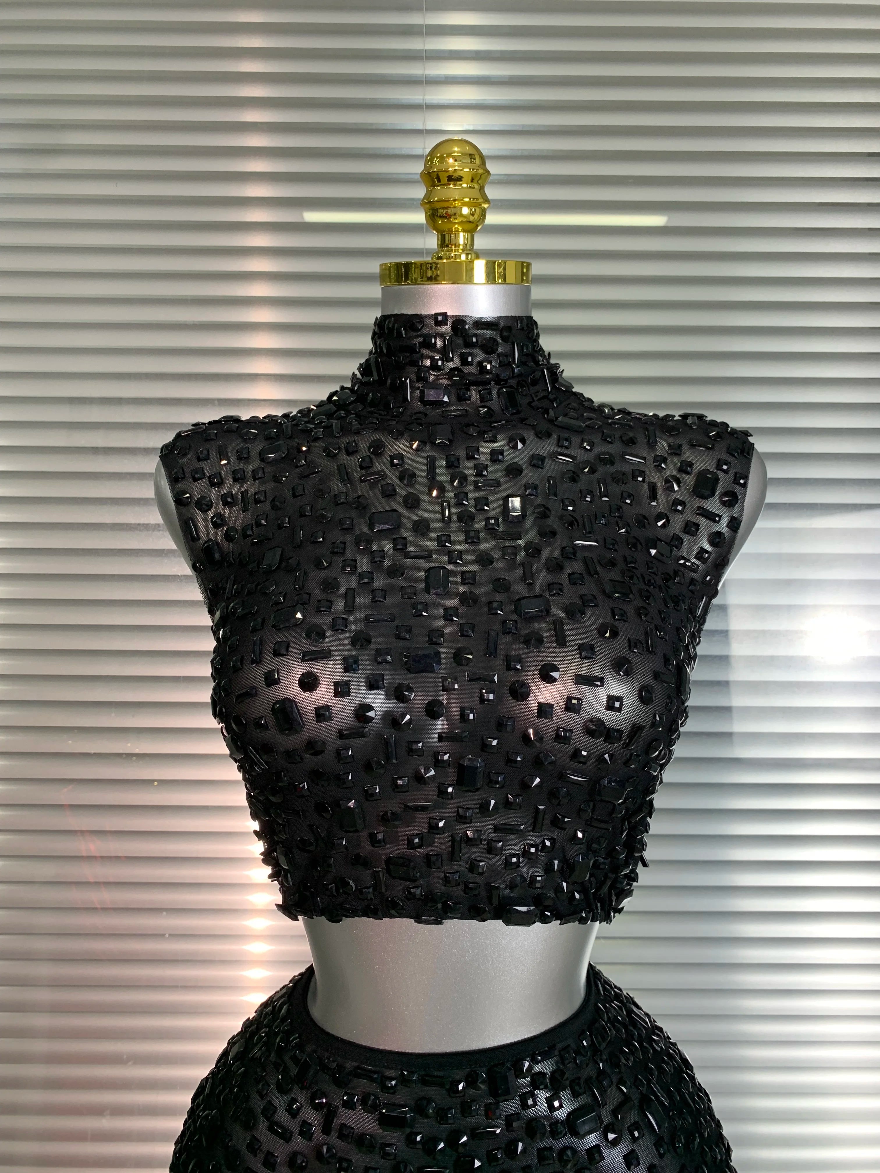 Women Sexy Two Pieces Set Women Black Crystal Diamond Night Club Skirt Suits Singer Dancer See Through Stage Performance Costume