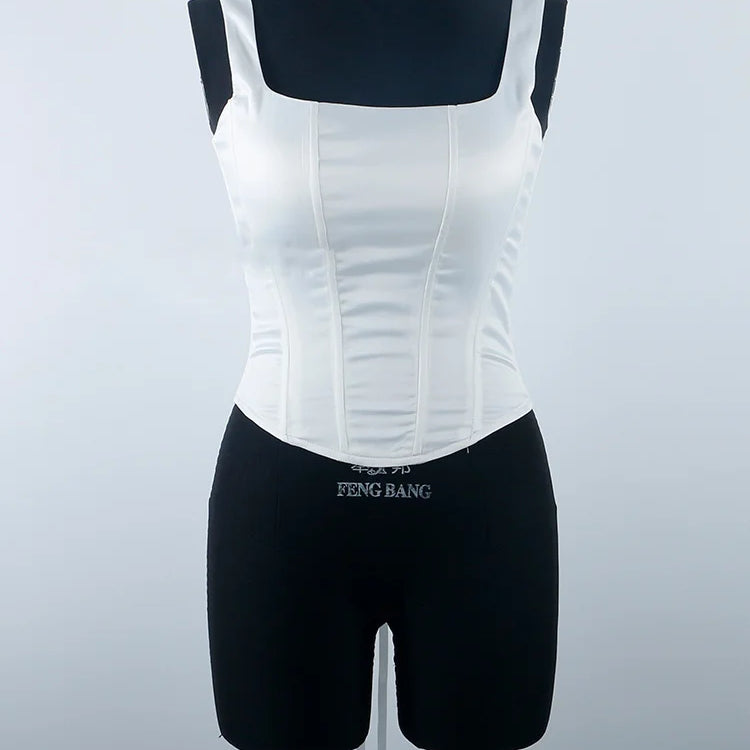 Zenaide Sexy Square Neck Satin Corset Crop Tops Summer Women Sleeveless Bandage Tank Top Camis Party Club 2023