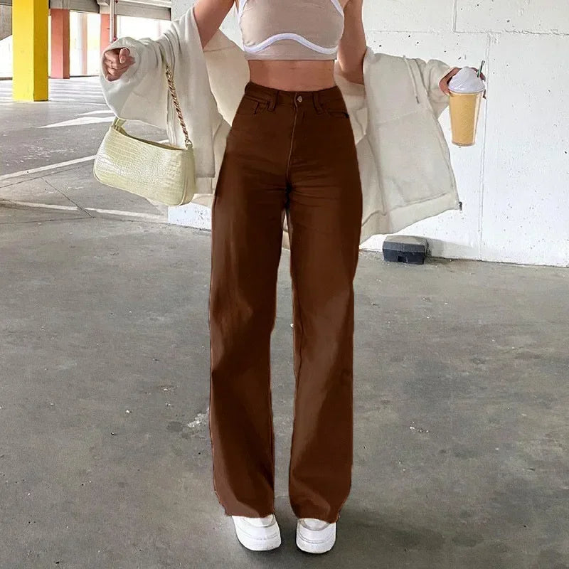 Solid Color Jeans for Women Loose and Slim European and American Style High-waisted Straight Pants for Women Casual Trousers brown
