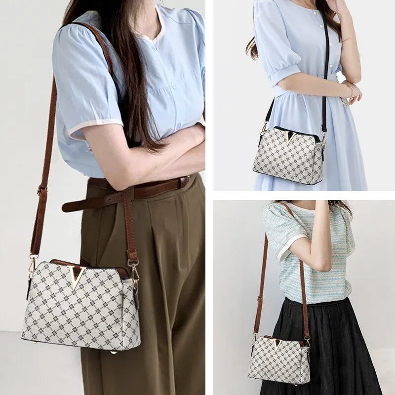 Women Vintage Print Crossbody Bag V Letter Classic Shoulder Bag Female Elegant Geometric Pattern Casual Bag Work Gift