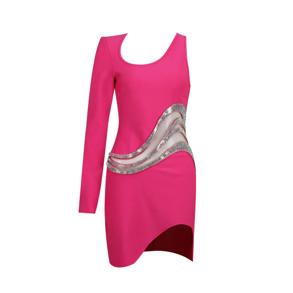 BEVENCCEL Women's New One Shoulder Long Sleeve Mesh Patch Diamond Bandage Dress Elegant Sexy Club Evening Party Mini Dress Fuchsia