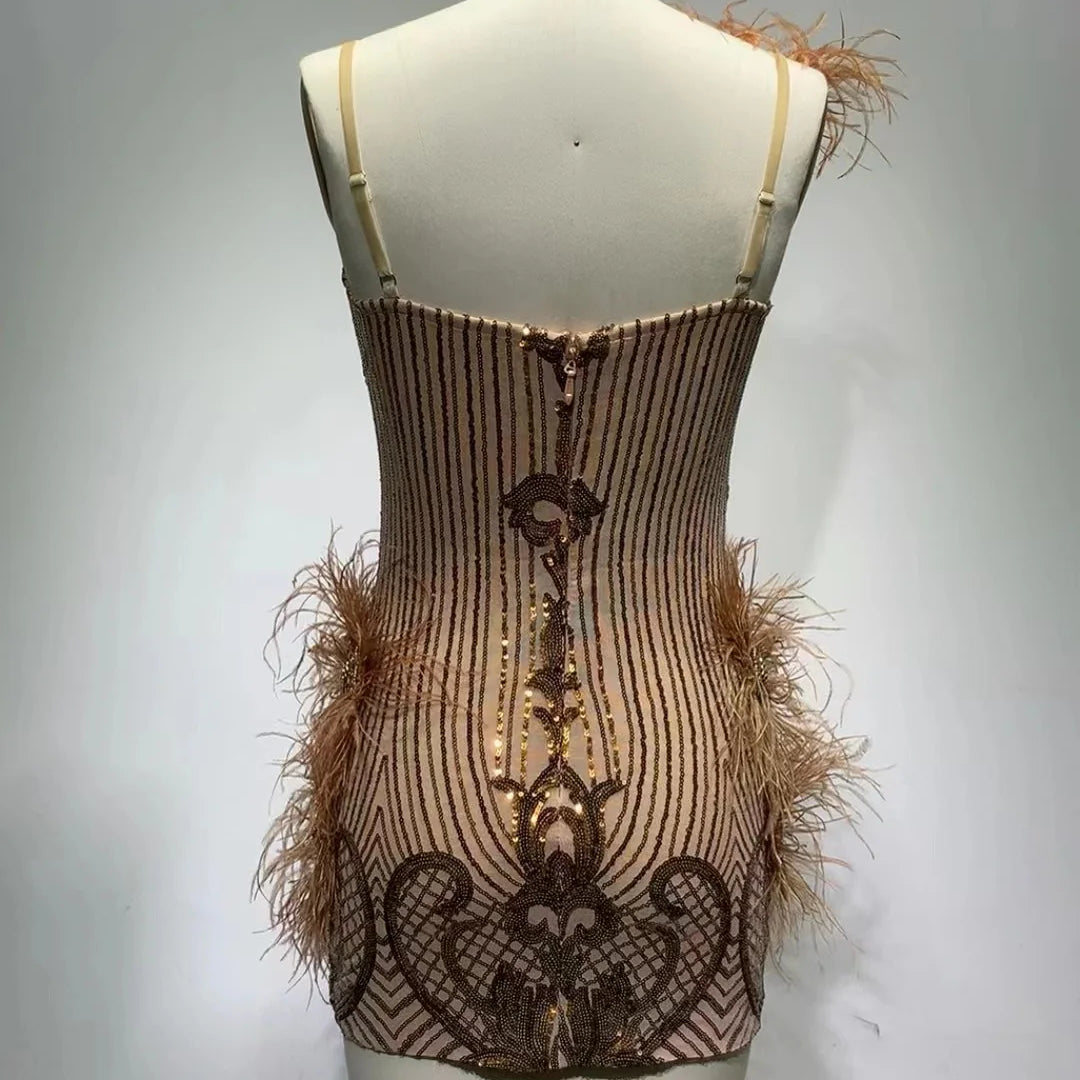Gold Feathers Sleeveless Bodycon Dress Elegant Evening Party Dress Vestidos