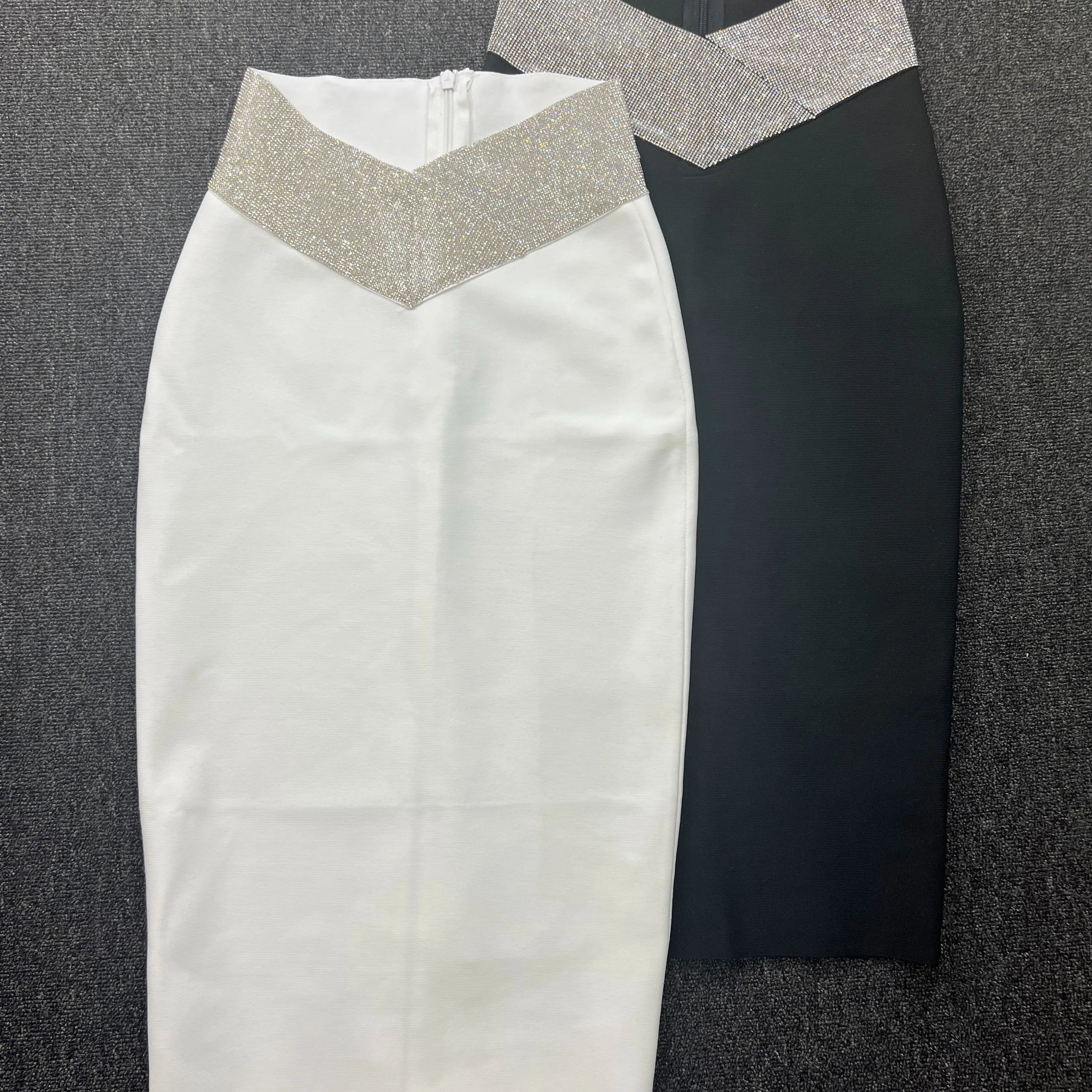 Saia midi bandagem justa branca e preta com cristais e diamantes, saia lápis de cintura alta para festa e boate, 77 cm
