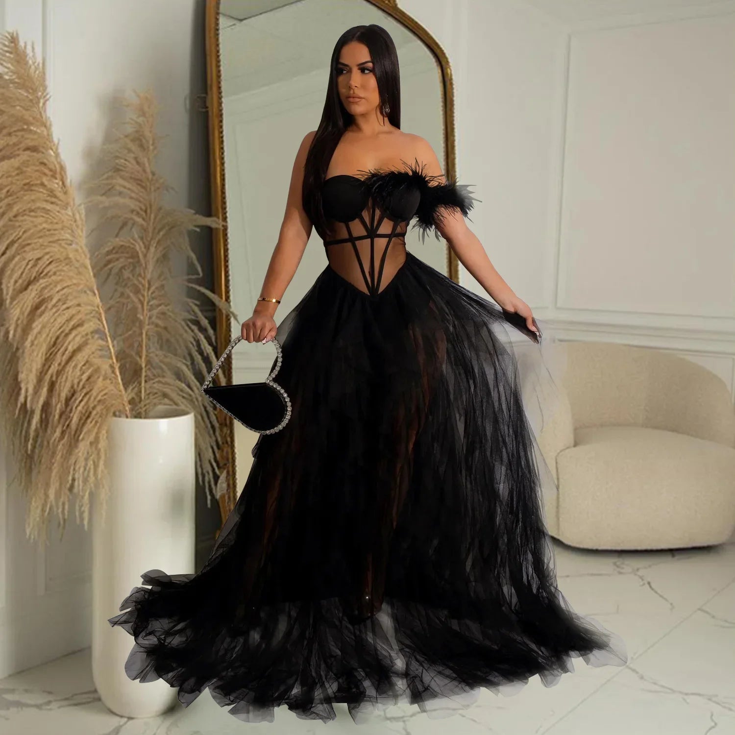 CM.YAYA Women Tierred Mesh See Though Off Shoulder Sweetheart Collar Maxi Long Floor Length Dress Evening Sexy Party Dresses