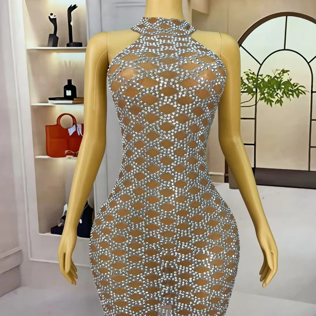 Women High-end Silver Crystals Mini Dress Sparkly Chic Ball Dress Sheer Mesh Sleeveless Birthday Party Sexy Dress linggejiaodian