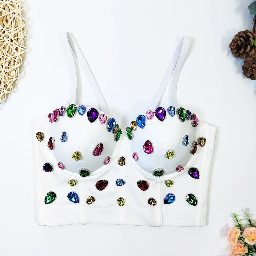 Fashion Sexy Women's Bustier Bra Hand-made Pearls Jewel Diamond Beading Crop Tops Female Cropped Sling Vest Top Bling Bra style 3 as pic 4