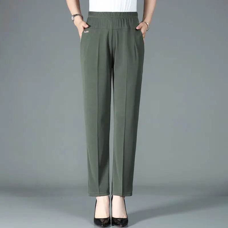 Summer Simplicity Commute Solid Color Straight Pants Women's Clothing Fashion All-match Elastic Waist Trousers for Female Dark Green
