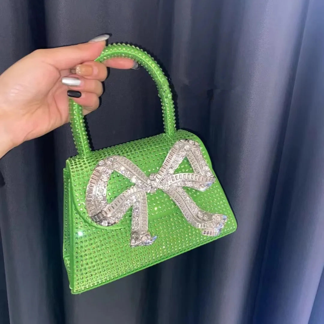 Fashion Rhinestone Bow Handbags Women Elegant Boutique Glittering Sequin Crossbody Bags Ladies Silver Purse HudieLv