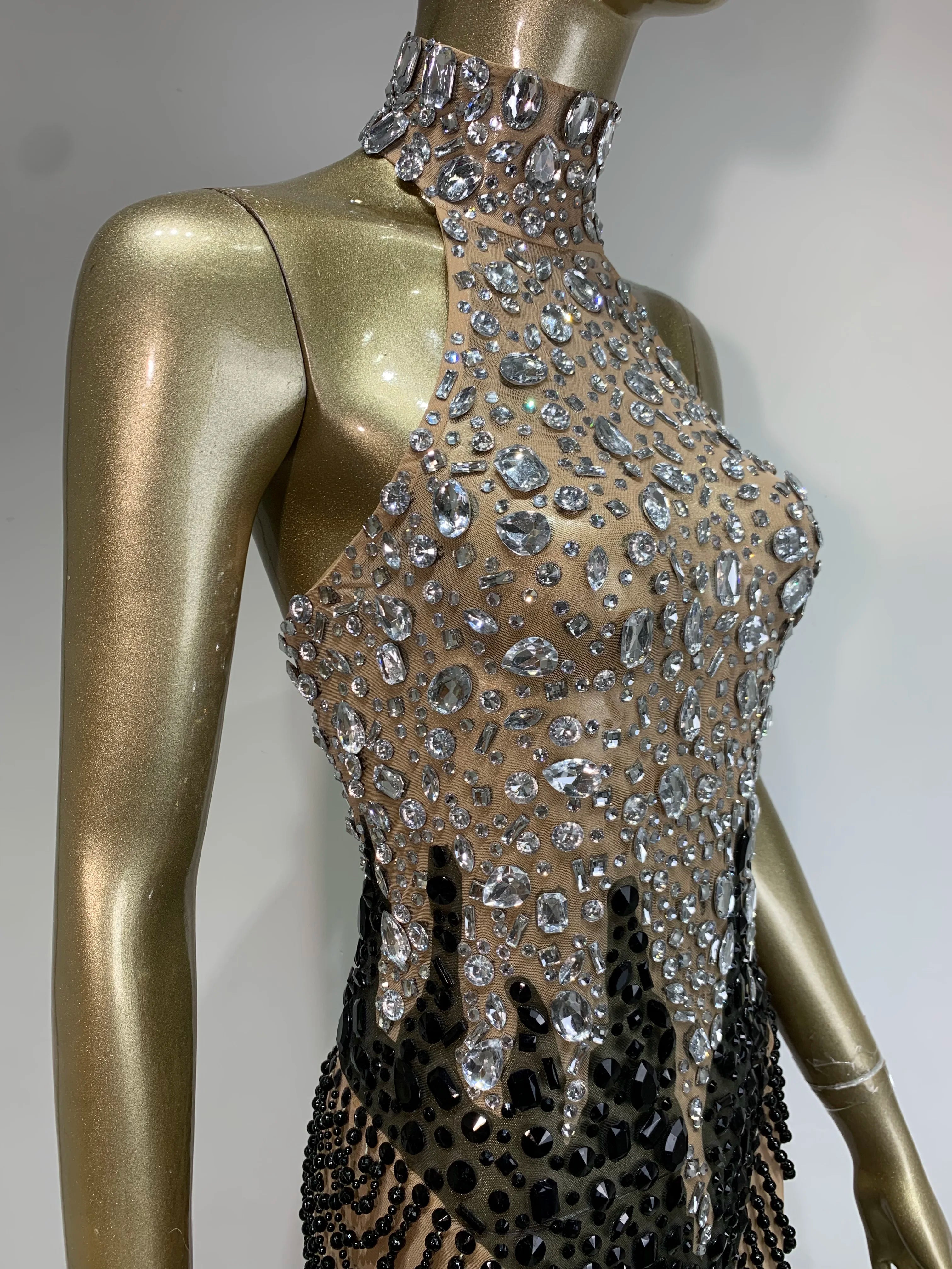 Women Sexy Backless Halter Crystal Diamonds Patchwork Mini Dress Birthday Party Costume Bar Nightclub Stage Performance Dress