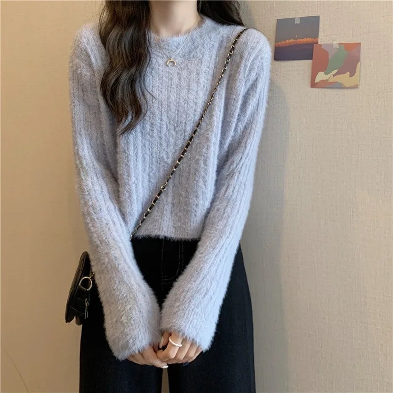 Fuzzy Mohair Sweater for Women Fluffy Long Sleeve Crew Neck Rib Knitted Pullover Plain Jumper Soft Girl Autumn Winter Outfit Grey Blue One Size