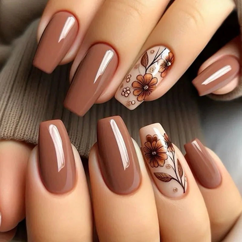 24Pcs Colorful Flowers Design Fake Nails Mid-length Ballet Press on Nails 3D Fashion Manicure Art Wearable Square False Nails