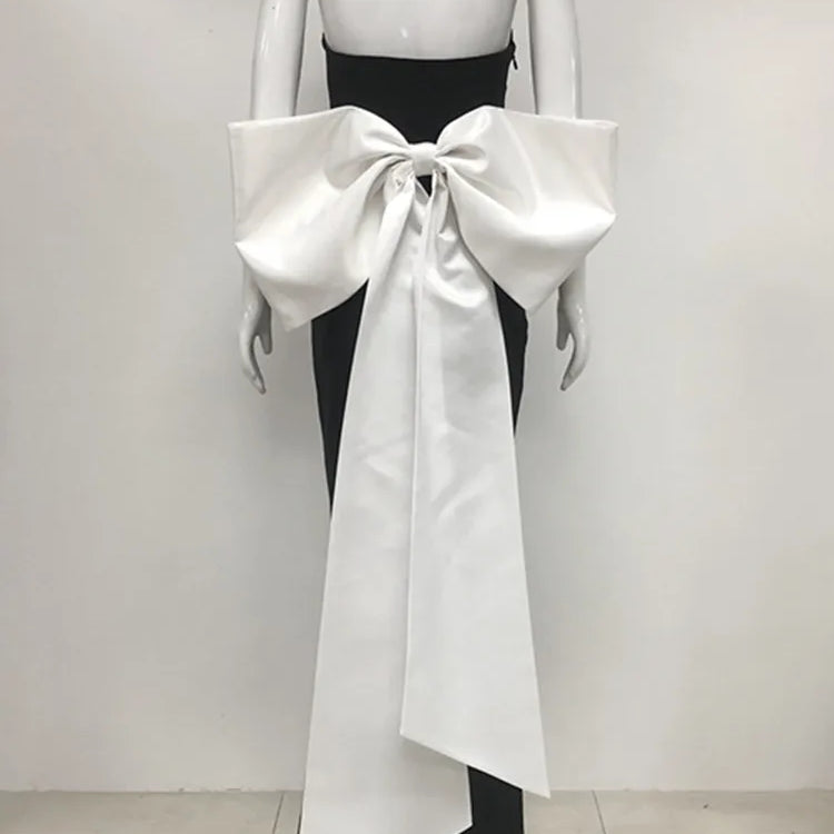 Vestido longo de bandagem colado ao corpo, sexy, sem alças, com gravata borboleta, patchwork, preto, longo, 2025, elegante, para festa à noite